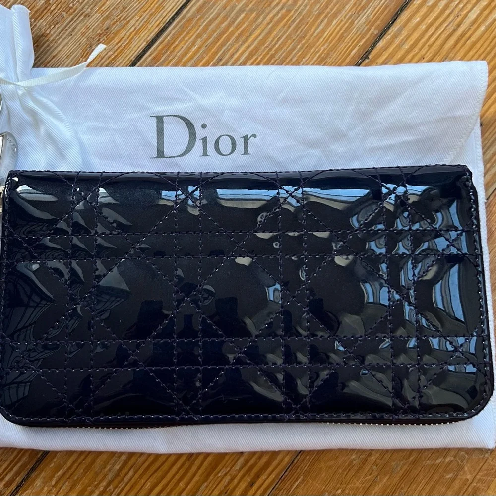 Patent Cannage Lady Dior Continental Zip Wallet Blue